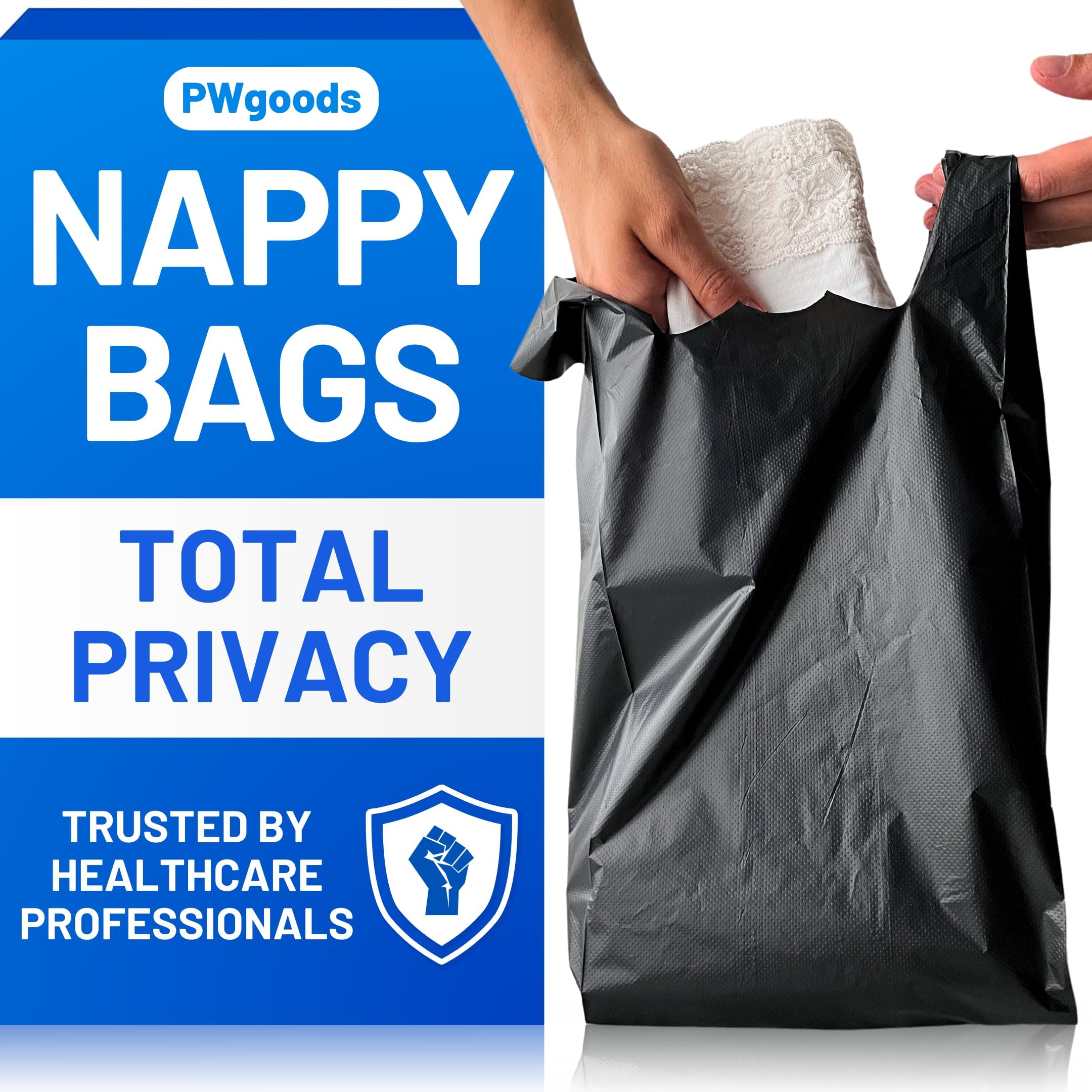 Adult Nappy Bags - 200 Pack, 20% Thicker Sacks, Easy Tie Handles, Odour Free, Discreet Black Plastic, Strong Sanitary Disposal Bag, Large Incontinence Pads