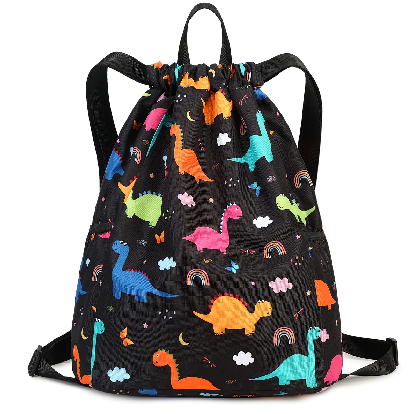 Ryushoyo Cartoon Dinosaur Boys School Bag Lightweight Portable Dinosaur Gym Drawstring Bags for Travel Sport 40x30CM Rainbow Black