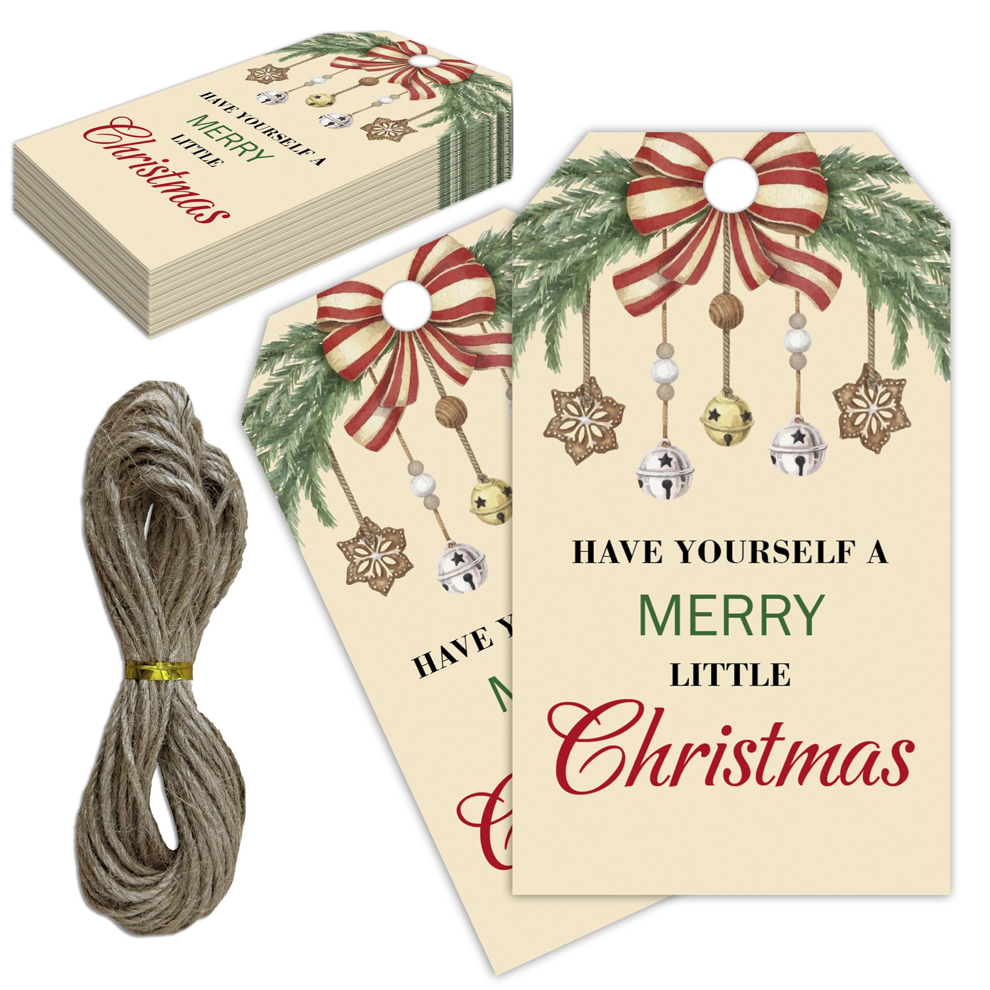 C09 Weihnachts-Geschenkanhänger aus Papier, mit Schnur, 5,1 x 8,9 cm, Weihnachts-Stechpalme und Schleife, "Have Yourself A Merry Little Christmas", Weihnachtsdekoration, Partyzubehör