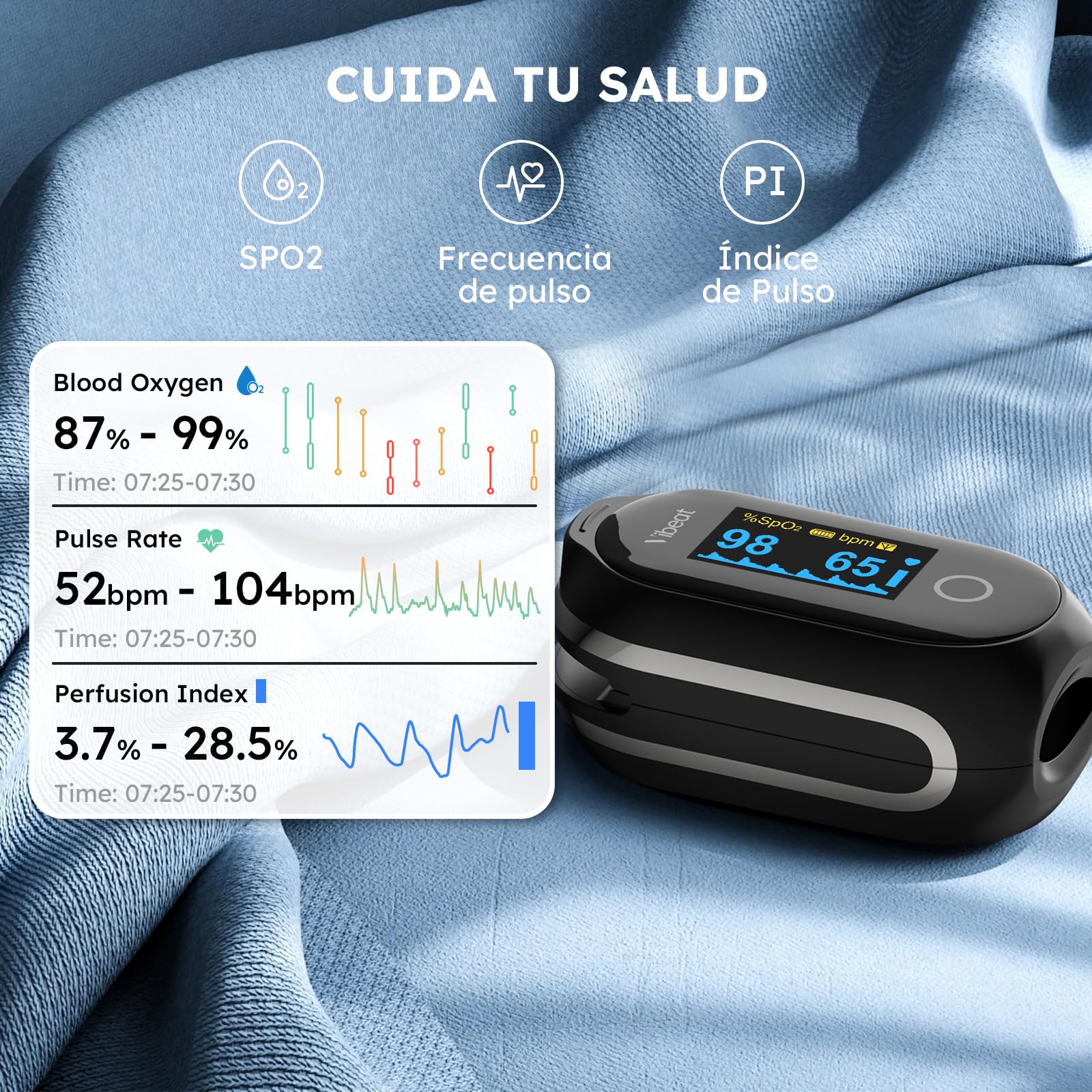 Vibeat Oxímetro de Pulso Bluetooth Sleep con Modo Continuo, Monitor de Saturación de Oxígeno Recargable de edo con 8 * 10 Horas de Registro de Datos y Sincronización Automática de Datos