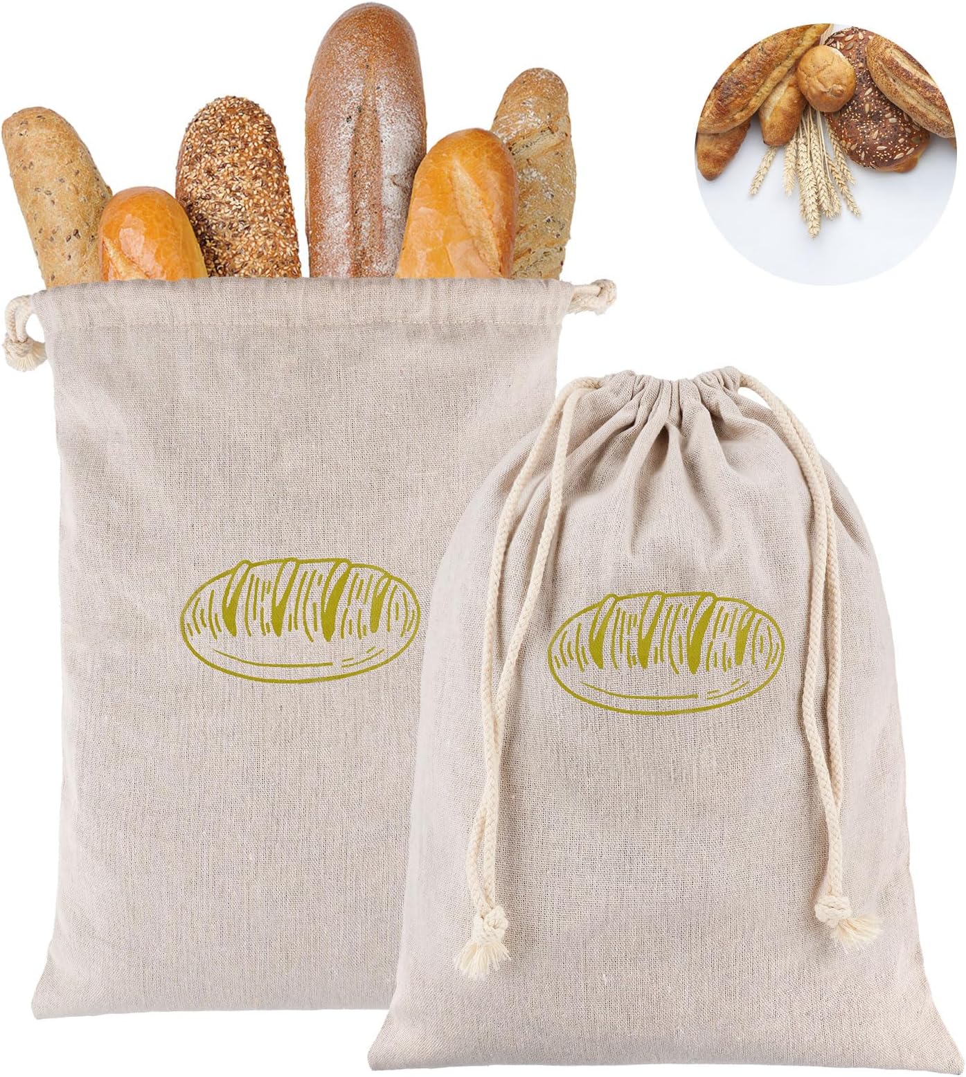 2er-Set Leinen Brotbeutel - Wiederverwendbare Brottasche Mit Kordelzug 30x40cm