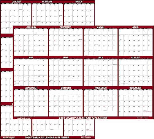 Calendario de Pared SwiftGlimpse 2026 de 24" x 36" Borrable Grande de Borrado en Húmedo y Seco Laminado Planificador de Pared Anual de 12 Meses,