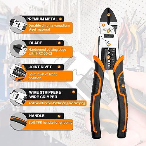 Miniatura 2 de Cortadores de alambre de 8 pulgadas, alicates de corte diagonal de alambre de alto apalancamiento 4 en 1 con pelacables, alicates de corte lateral
