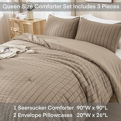 Miniatura 6 de AveLom Juego de edredón tamaño Queen de sirsaca gris pardo (90 x 90 pulgadas), 3 piezas, 100% microfibra lavada suave, edredón ligero con 2 fundas