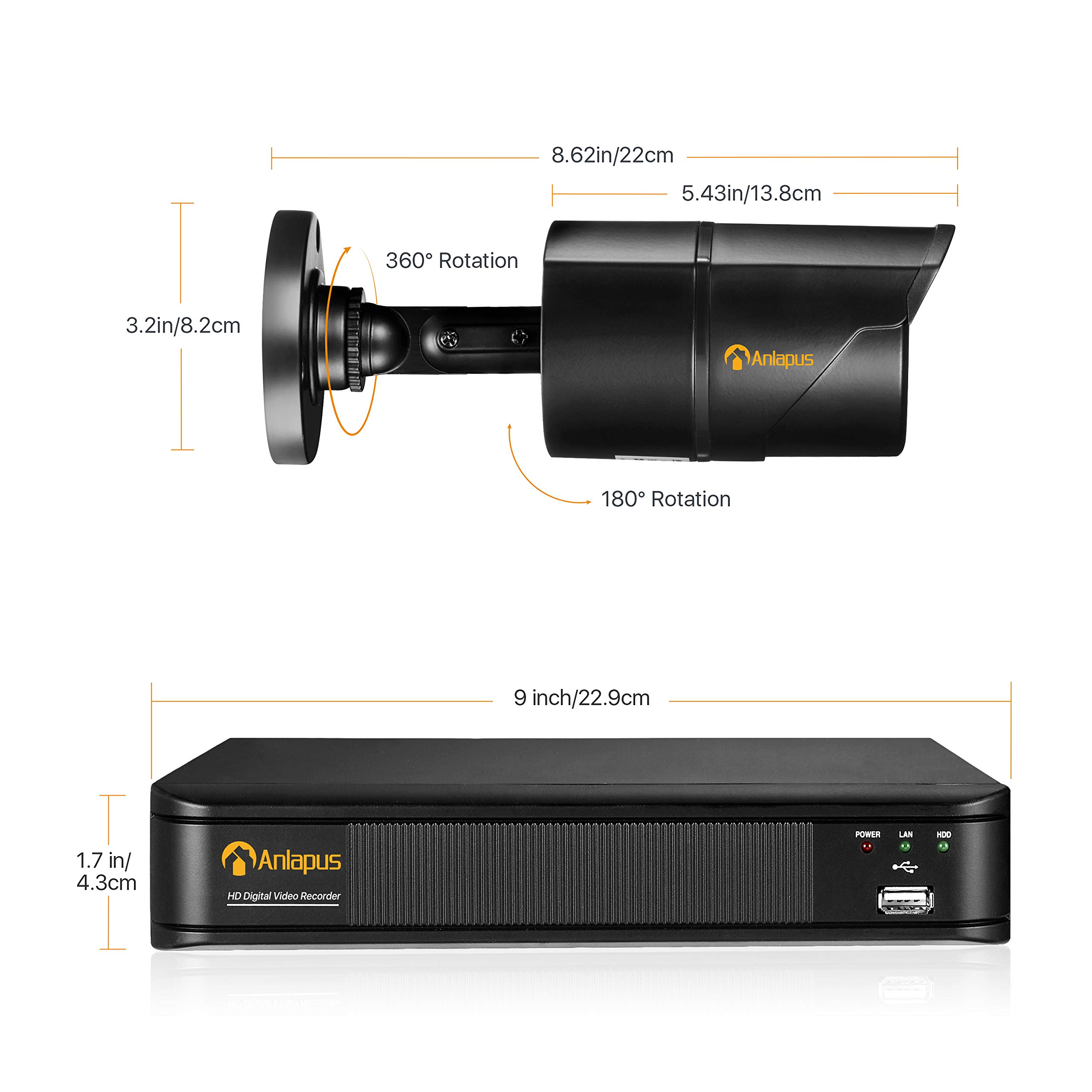 Anlapus 1080P Kit de Cámaras Seguridad 8CH H.265+ Videograbador DVR con 4 Cámara de Vigilancia Exterior, sin Disco Duro, Visión Nocturna, Alarma de Movimiento