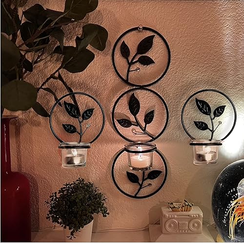 Miniatura 9 de Lilys Home Deco - Candelabros de pared con forma de remolino acero negro juego de 2 con 2 portavelas de cristal transparente