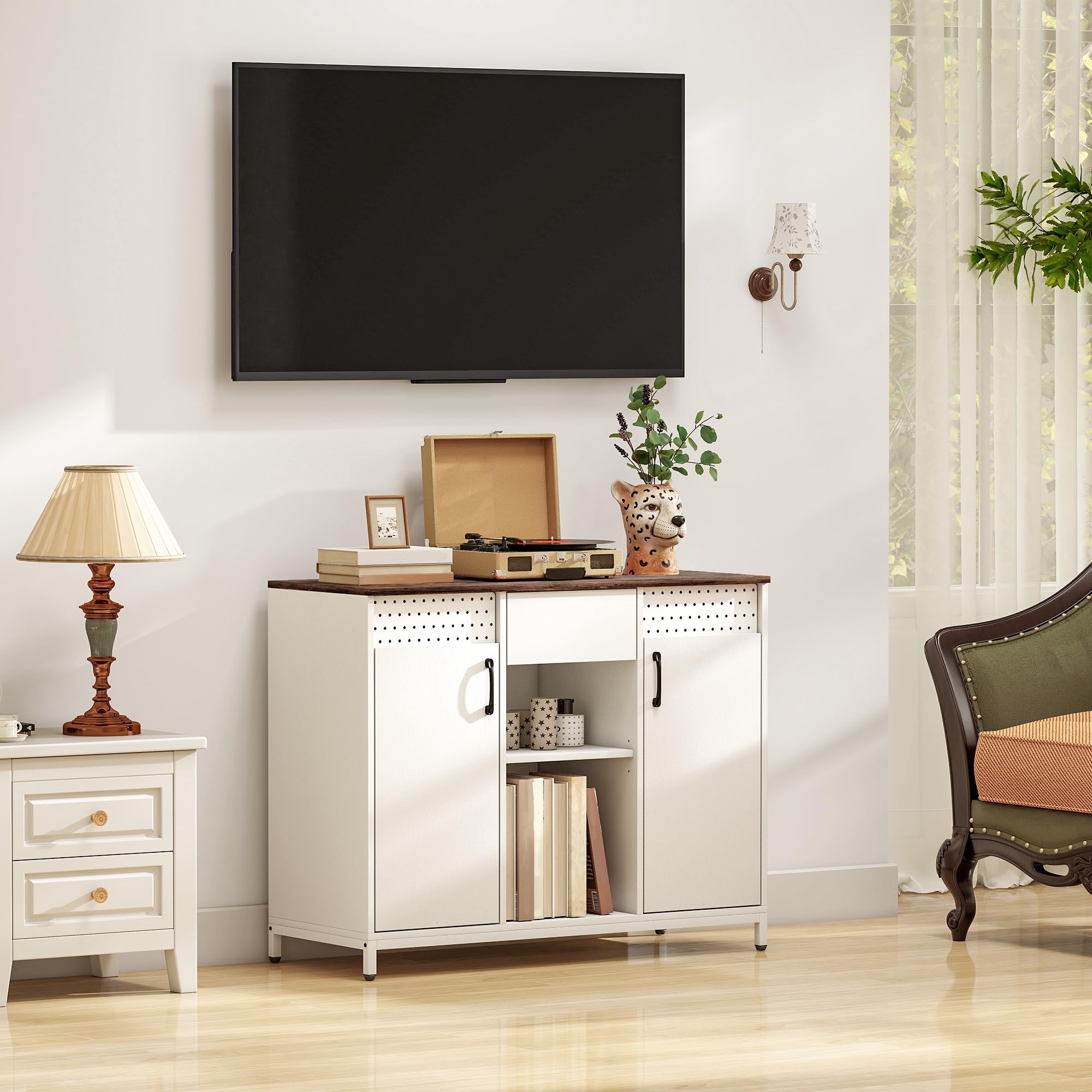 HOMCOM Aparador de 2 Puertas con Tablero Colgante 100x40x80 cm Blanco | Aparador para Salón, Cajón, Compartimentos Abiertos, Estantes Ajustables, para Cocina, Entrada, Oficina