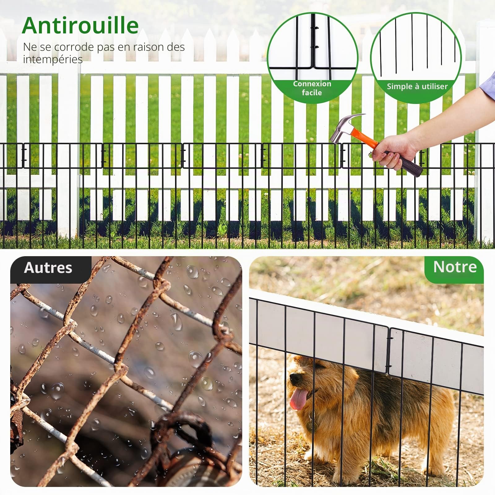 Lot de 10 clôtures pour chien pour la cour,43.2 cm (H) x3 m (L), clôture de jardin en fil métallique pour l'intérieur, clôture de défense pour chiens et animaux domestiques
