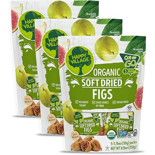 Happy Village Organic Soft Dried Figs On the Go – 3 Bags (15 Individual Portion Packs) | Healthy, Organic, Non-GMO, Vegan, Kosher, Gluten-Free Snack Packs