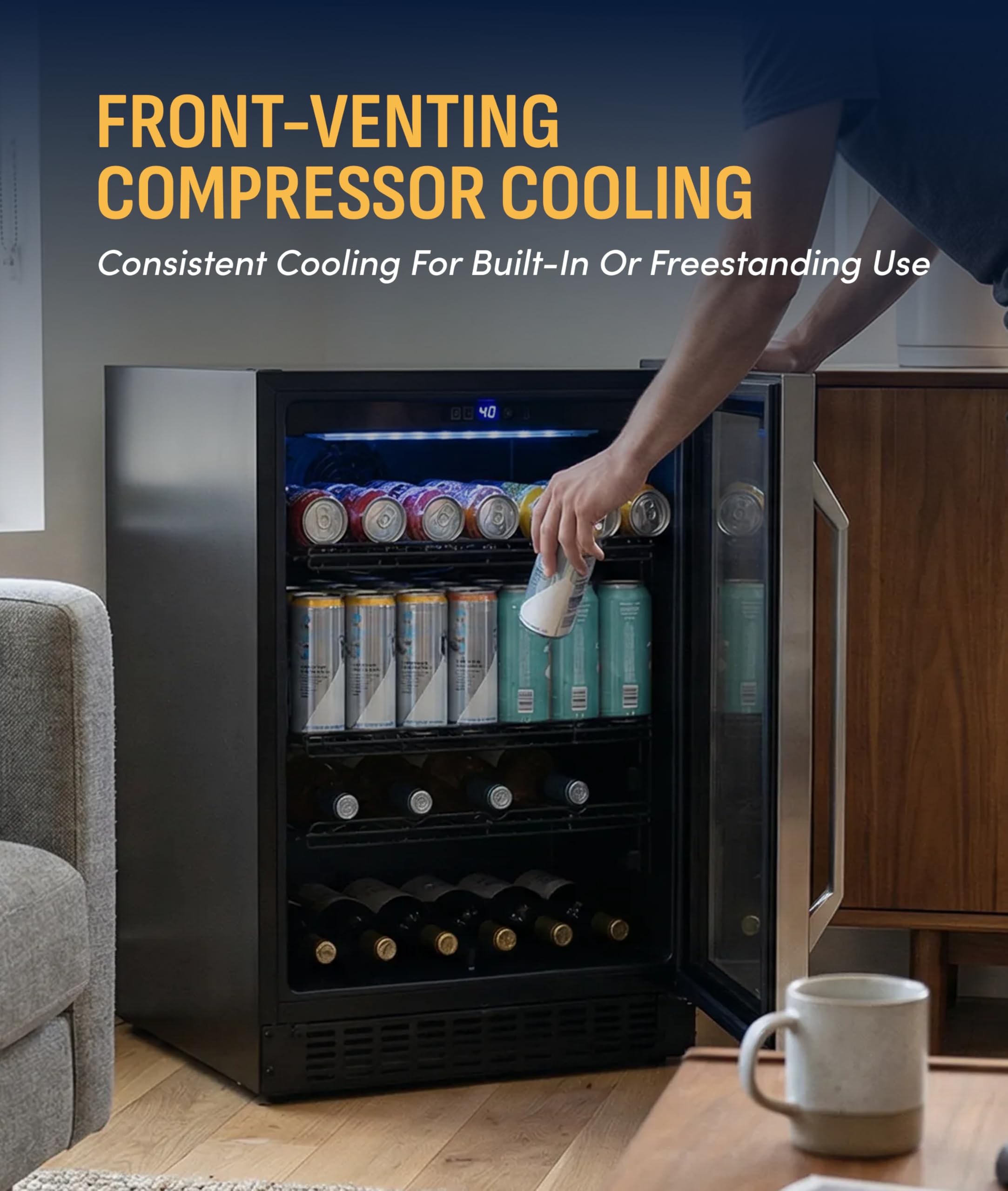 NewAir 24" Single Zone Beverage & Wine Fridge | Beverage & Wine Refrigerator For 49 Bottles Or 179 Cans | Freestanding Or Built-In Under Counter Mini Fridge For Beer, Wine & Soda | Stainless Steel on Fridge.com - View 6