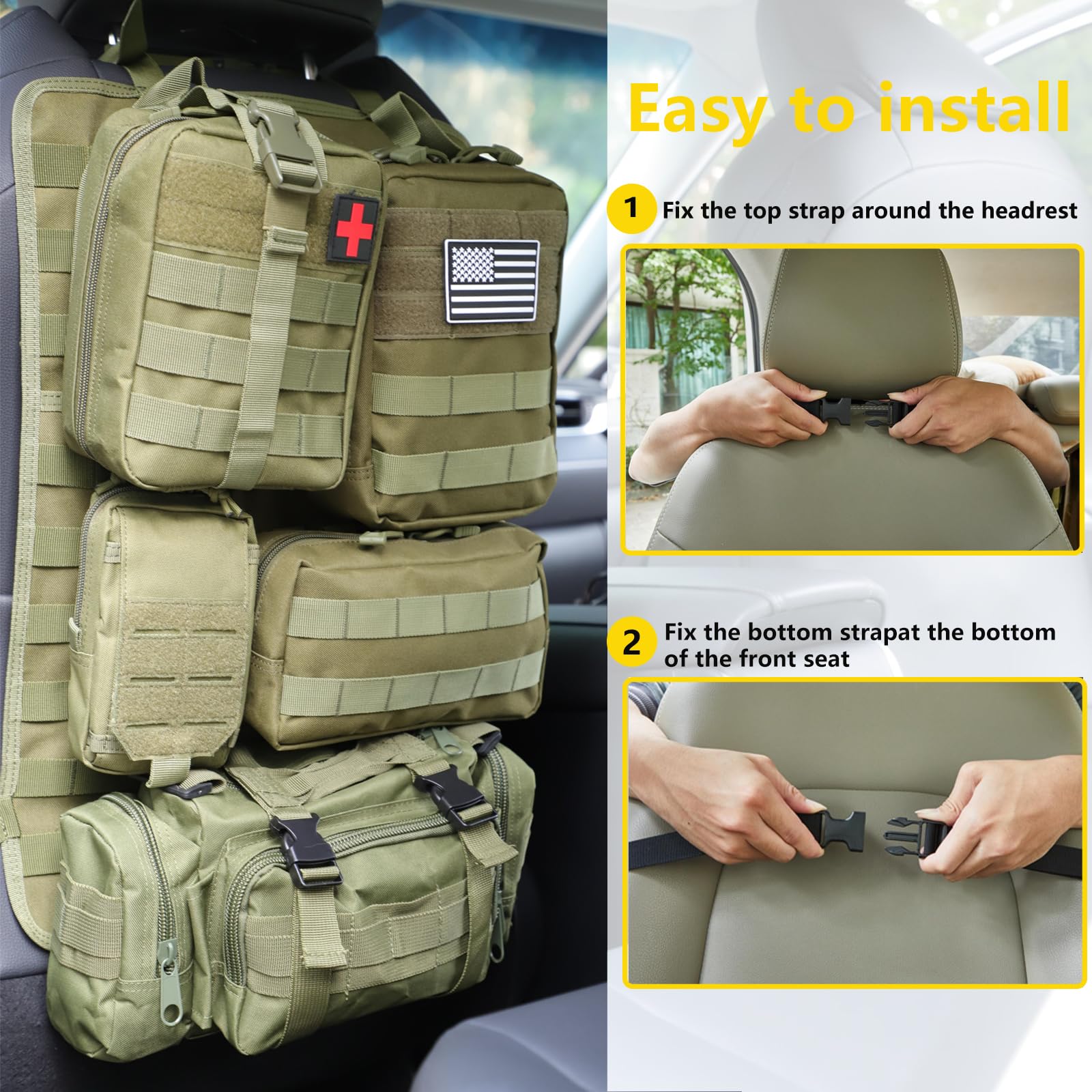 Jimikay Organiseur tactique pour dossier de siège de voiture avec sac à suspendre et 5 poches Molle détachables - Organiseur de panneau Molle pour véhicule - Sac de rangement universel pour la plupart