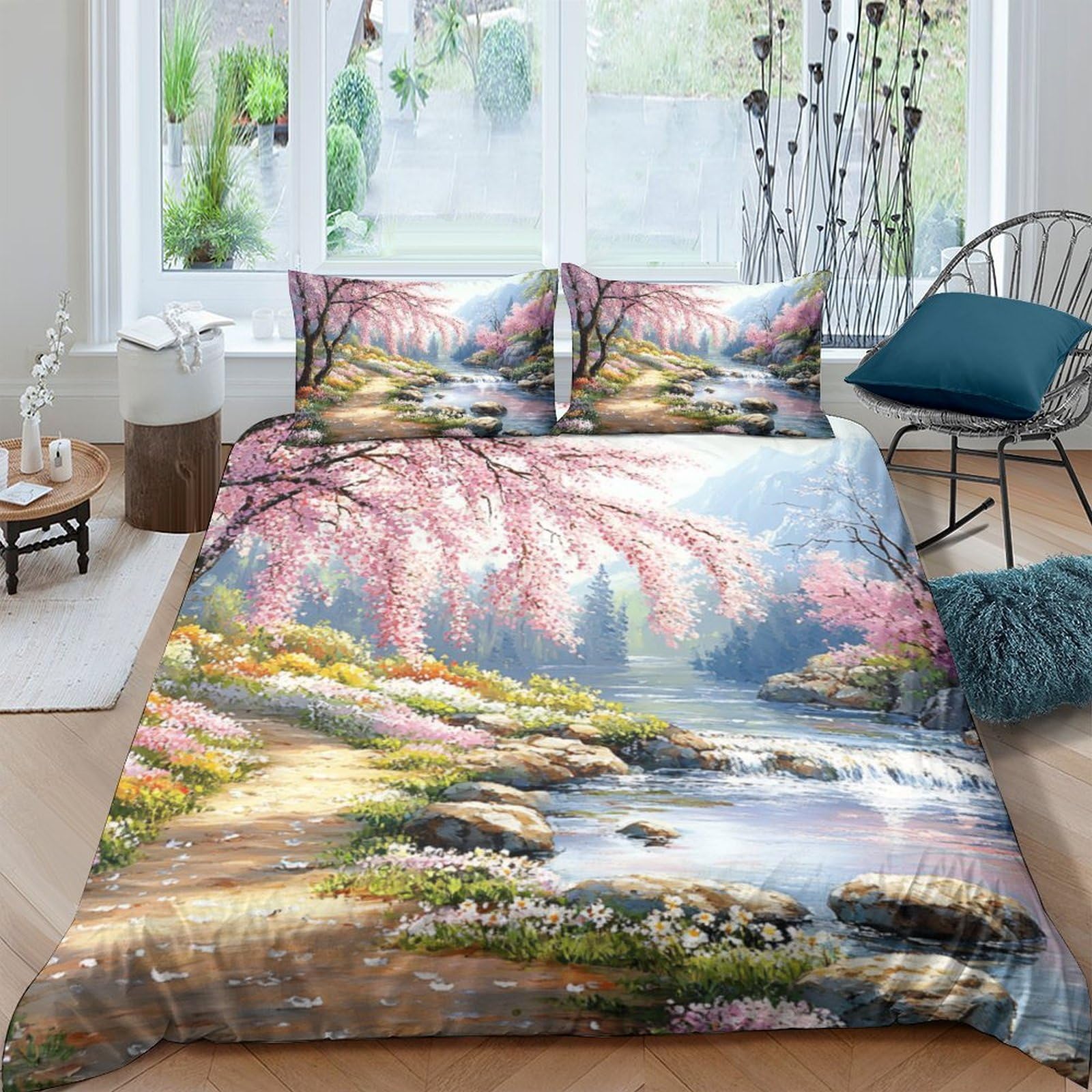 GPLZQXKJNH 3D Printed Cherry Blossom Landscape Duvet Cover Microfiber Soft Nature Stream Bedding Set with 2 Pillowcases for Bedroom Décor, Single（135x200cm）