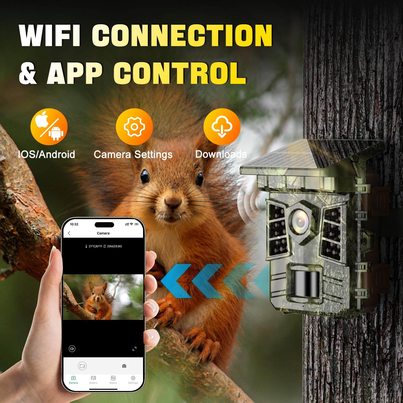 Cámara de caza solar WiFi 4K 60MP, 0,1s tiempo de activación activado por movimiento, cámara de caza con batería recargable integrada 2600 mAh, visión nocturna infrarroja, tarjeta 32GB