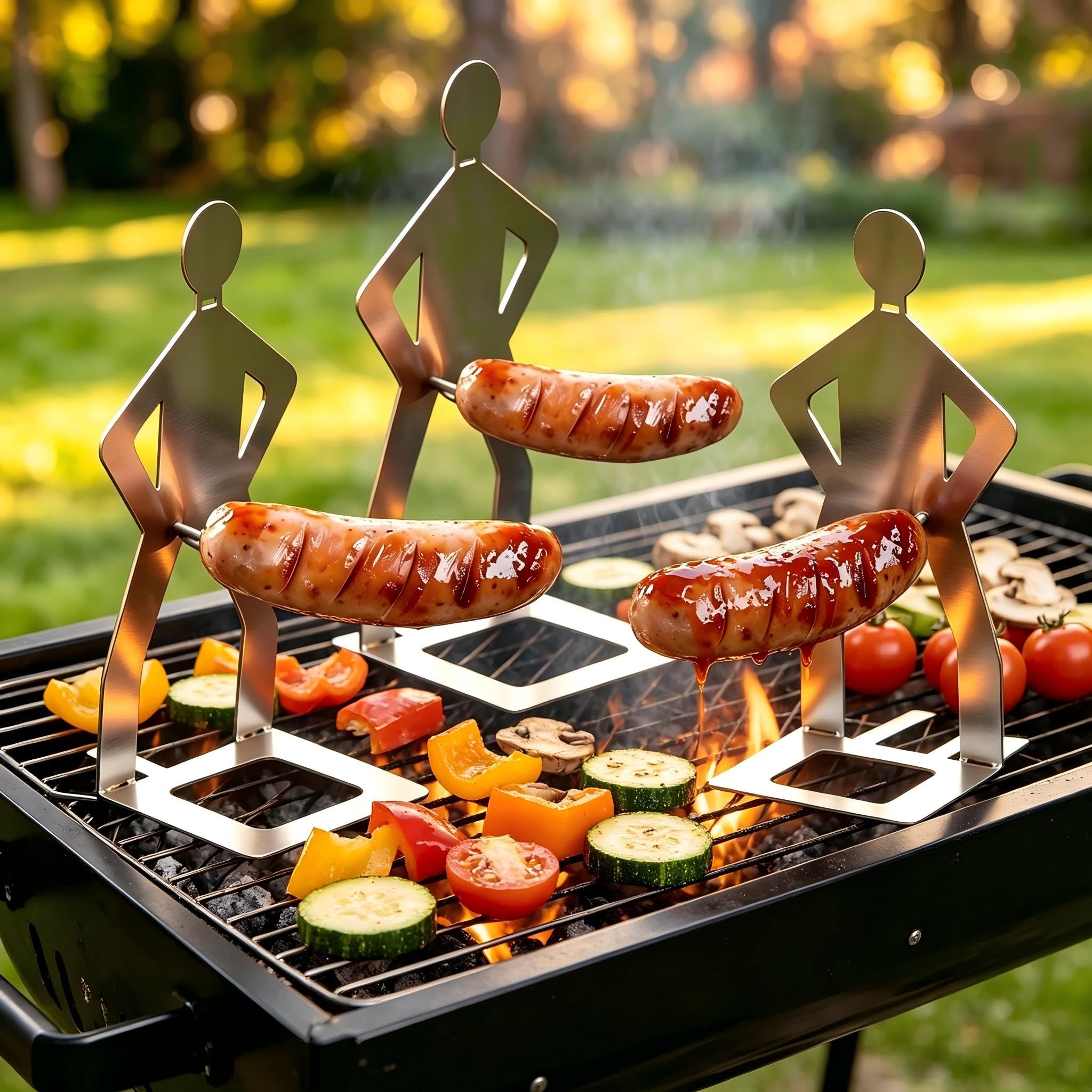 Feyfflin Stainless Steel Hot Dog BBQ Sausage Holder 3PCS, Stop Sausage Rolling Burning, Funny Gifts for Men Outdoor Grill Accessory
