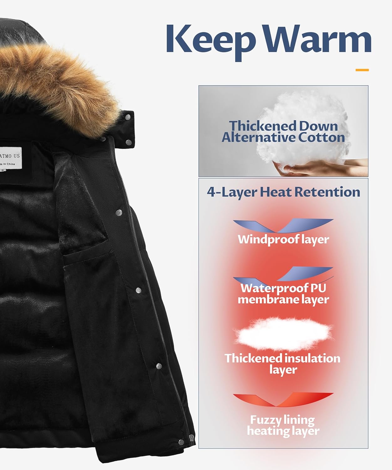 CREATMO US Women's Winter Jacket Warm Thicken Quilted Puffy Jackets Waterproof Snow Coat with Removable Hood - Image 3