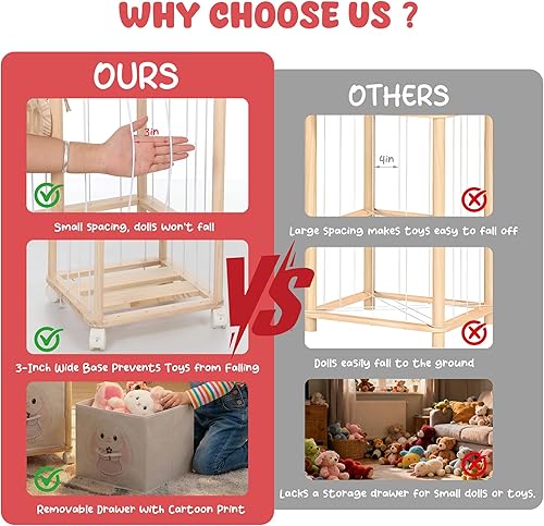 Miniatura 4 de Zoo de almacenamiento de animales de peluche con cajón de tela extraíble y ruedas de bloqueo, organizador de juguetes de madera 2 en 1 para ahorrar