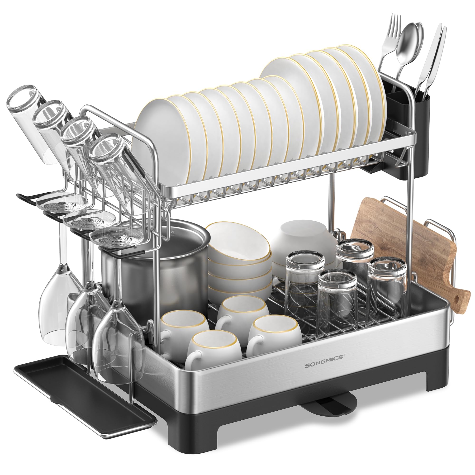 SONGMICS Dish Drying Rack, 2-Tier Stainless Steel Dish Drainer with Extendable Spout, Drainboard, Cup Holder, Fingerprint-Resistant, for Kitchen, 32.5 x 58 x 39.6 cm, Silver and Black KCS032B01
