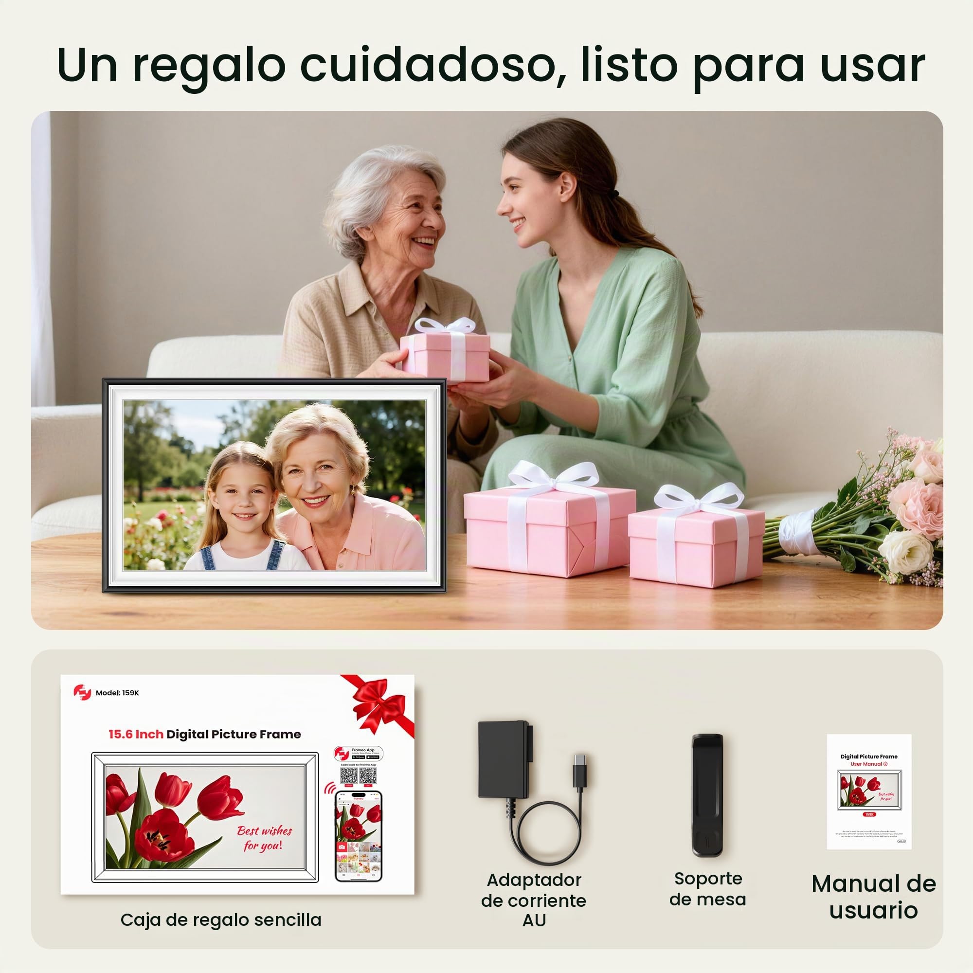 Marco de fotos digital Frameo de 64 GB de 15.6 pulgadas, WiFi, negro y blanco, pantalla táctil FHD IPS de 1920 x 1080P, marcos de fotos electrónicos grandes, rotación automática, montaje en pared