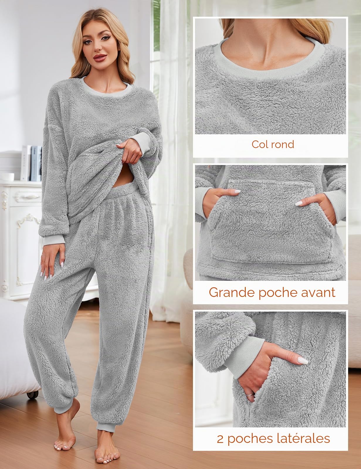 Niwicee Pyjama Femme Hiver Polaire Ensemble de Pyjama Chaud Pyjamas en Flanelle Douce Vêtements de Nuit à Manches Longues avec Poches Cadeau Noël S-XXL