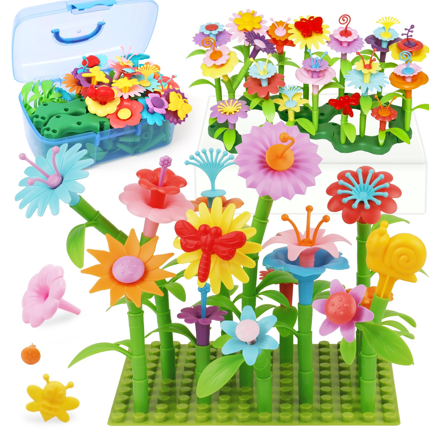 IQKidz Toddler Toys for Girls 2-4 Years Old, Flower Garden Building with Insect Features, Storage Box for Kids Age 3 5 6 7 8, Stacking Educational Preschool Learning STEM Activities 157 pcs