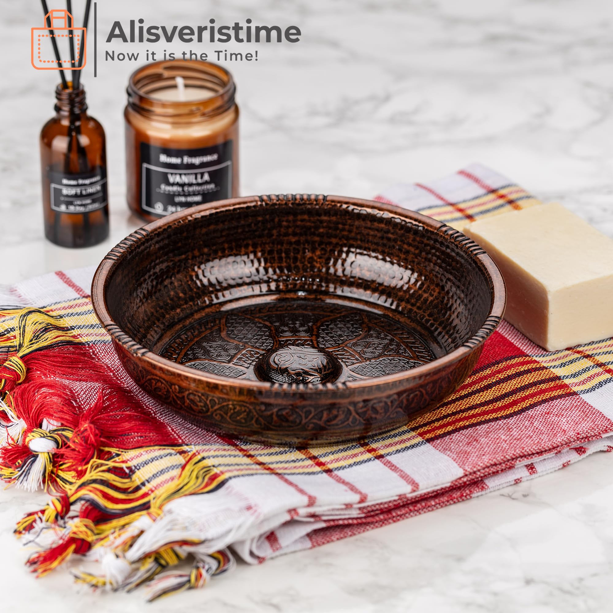 Alisveristime Cuenco tradicional turco para baño con motivos auténticos (440 g) hecho de zinc (7.87 pulgadas de diámetro) (cobre antiguo)