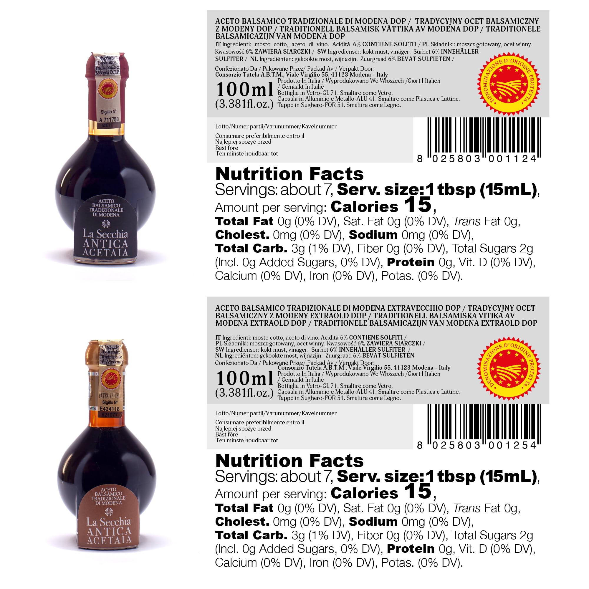 La Secchia - „Duet” tradycyjnego octu balsamicznego z Modeny D.O.P. z wiekiem 12 i 25 lat. Dwie butelki o pojemności 100 ml z wieczkiem dozującym z dmuchanego szkła.
