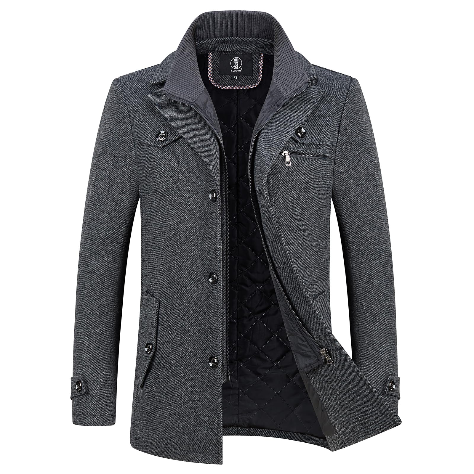 KUDORO Cappotto da Uomo in Lana Corto Invernale Casual e Business Regular Fit Spesso in misto Lana con Colletto Interno Rimovibile Parka Trench Coat