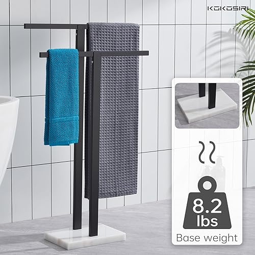 Miniatura 3 de KOKOSIRI Toallero de baño de 2 niveles con base de mármol, barras de toalla independientes de acero inoxidable, diseño estable grueso, negro mate
