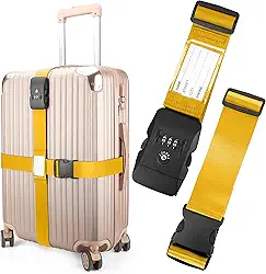 Correias de bagagem, cinto amarelo aprovado pela TSA com trava de combinação para malas, pacote com 2 alças cruzadas ajustáveis com etiquetas de nome para viagem, malas de mão, protege a bagagem