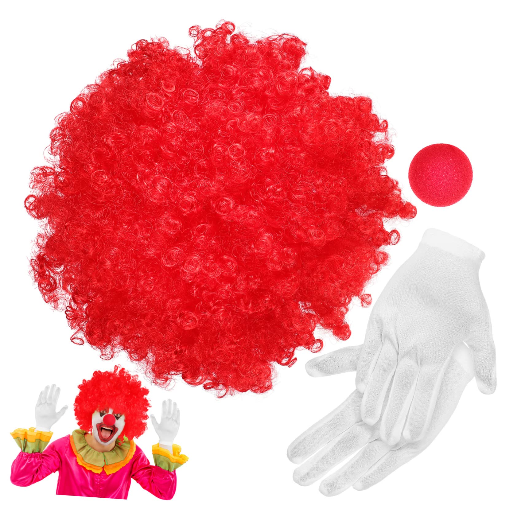 FOMIYES Clown Wig Nose Gloves Set Cosplay Props Party Wig Carnival Accessories Stage Performance Costumes Red