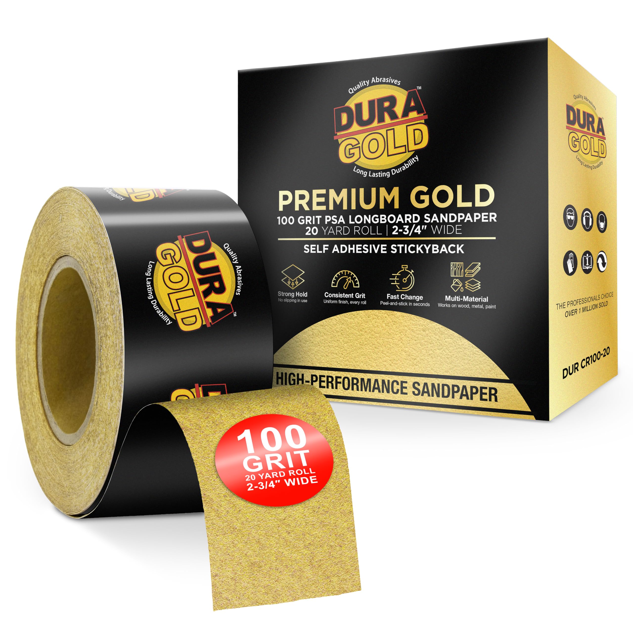 DuraGold Premium 80 Grit Gold Rollo de longboard continuo de 20 metros de largo por 2 3 4 pulgadas de ancho PSA autoadhesivo de respaldo adhesivo para lija de Longboard para automoción y carpintería