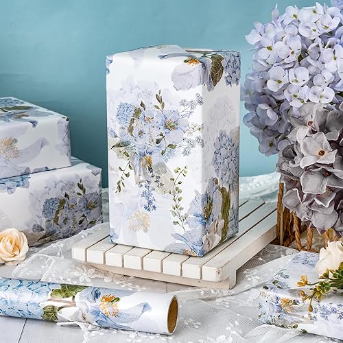 Miniatura 6 de LeZakaa - Rollo de papel de regalo floral, flores de hortensia azul para regalos de fiesta para boda, despedida de soltera, baby shower,