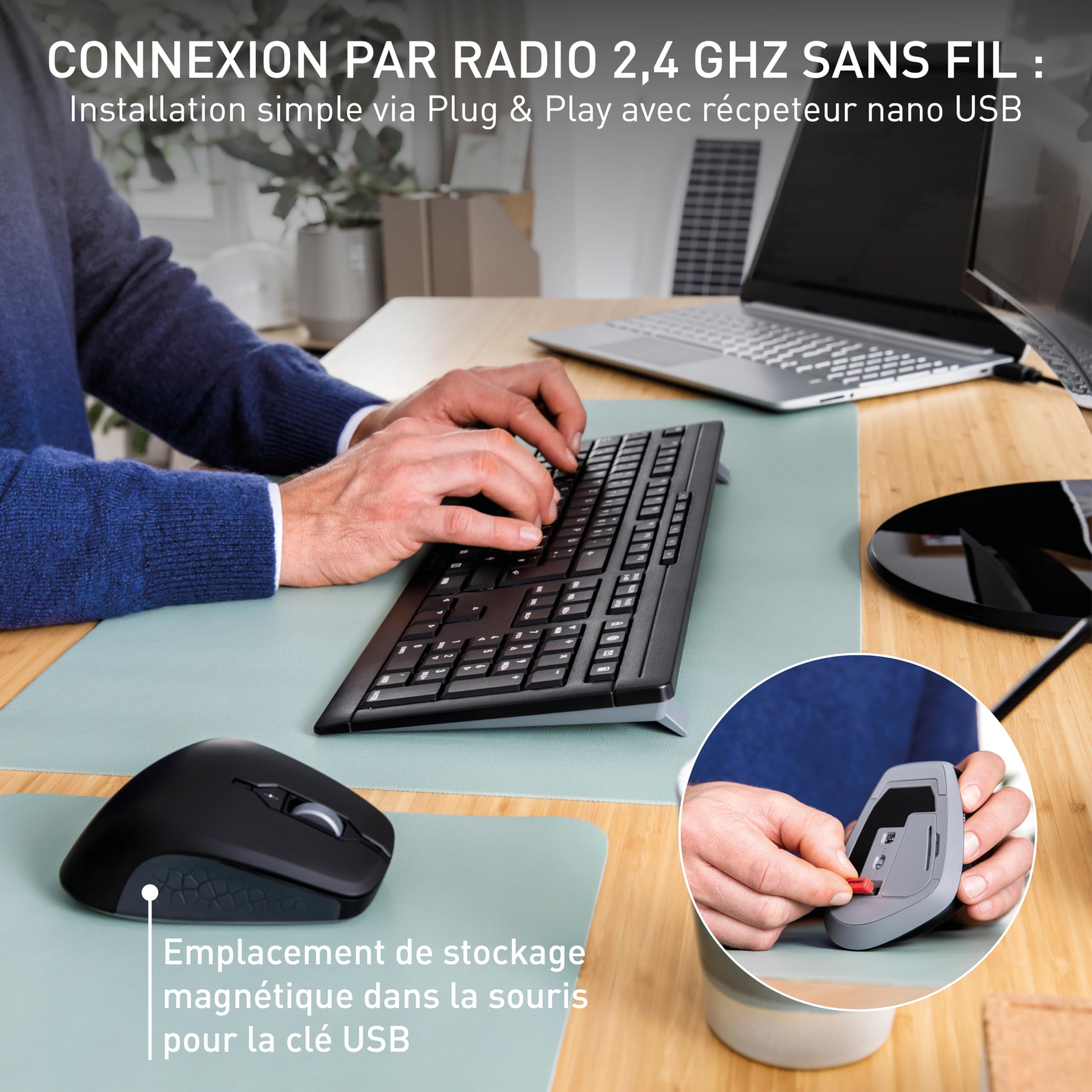 CHERRY STREAM DESKTOP COMFORT, Clavier et Souris Sans Fil, Disposition Française (AZERTY), 2,4 GHz, Touches Silencieuses, Souris Ergonomique, Noir