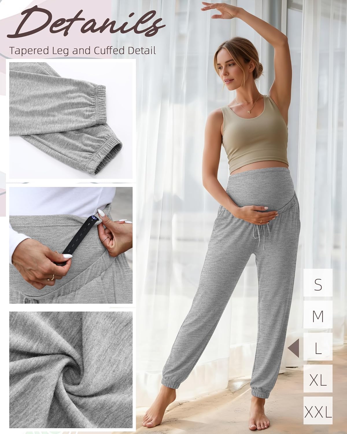 3 Pack Women's Maternity Pants Over The Belly Pregnancy Stretchy Jogger Drawstring High Waisted Cuff with Pockets(Light Gray, Dark Gray, Black,X-Large) - Image 4