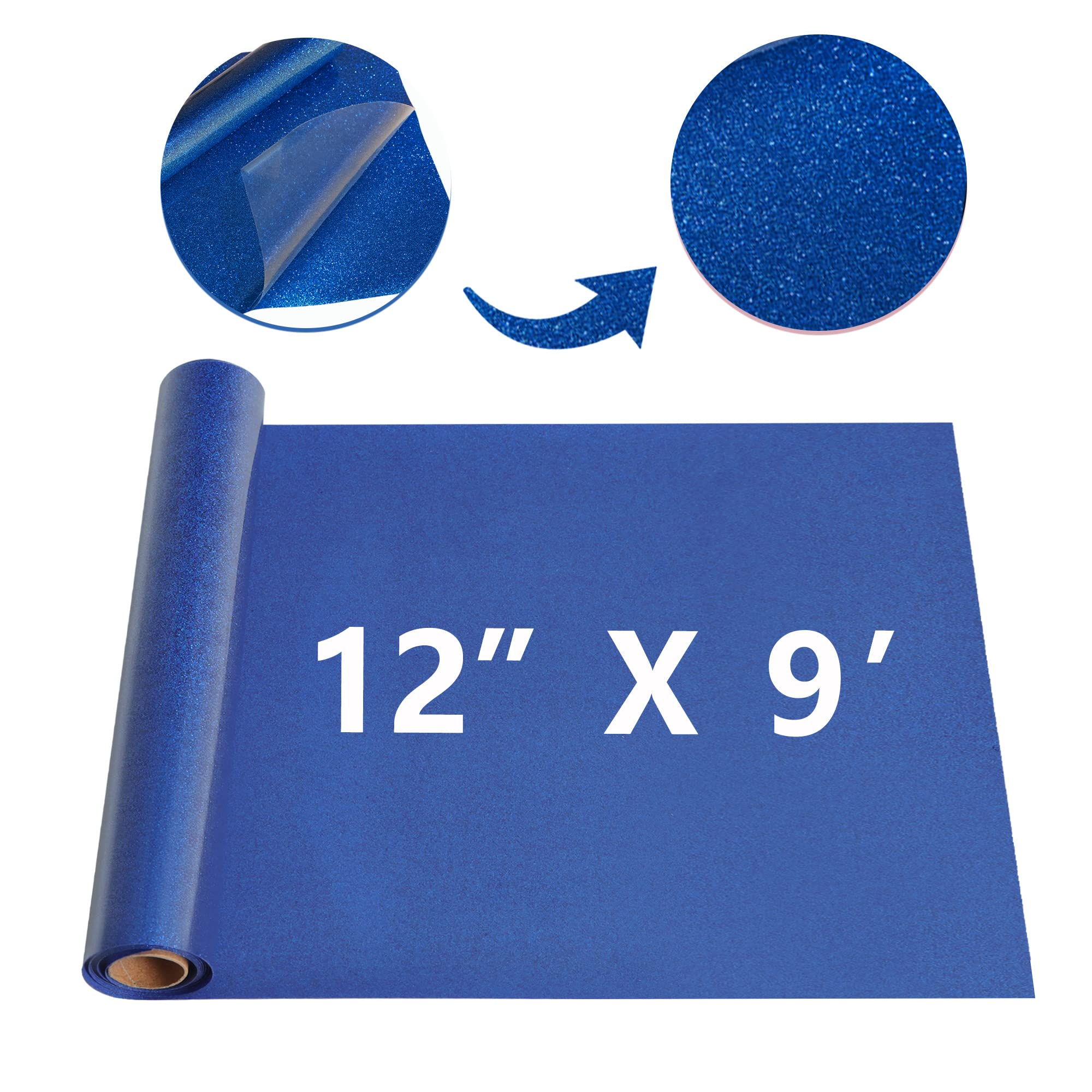 Rollo de vinilo de transferencia de calor HTV con purpurina, color naranja de 12 pulgadas por 9 pies, elástico de poliuretano para camiseta para silueta y camafeo (9 pies, azul real brillantina)