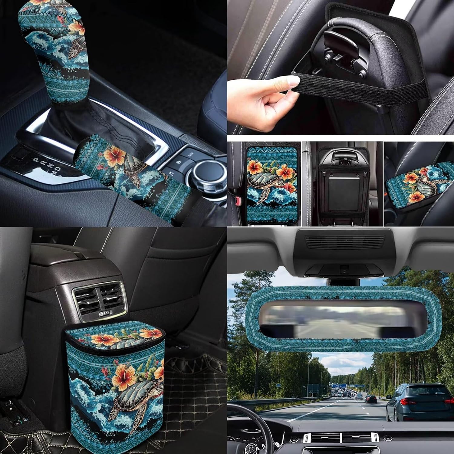 Women Hawaiian Sea Turtle Car Seat Covers Full Set 14 Pcs Flower Sea Turtle Car Interior Accessories with Steering Wheel Cover Hanging Vehicle Trash Bin Universal Seat Belt Pads Cover