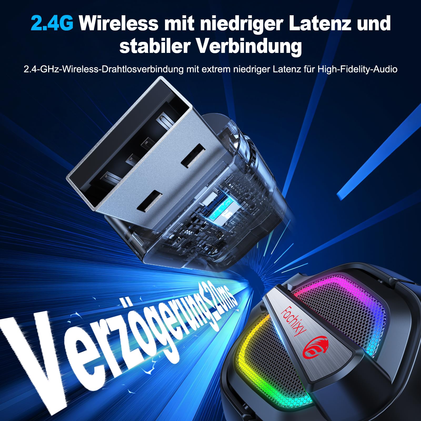 Fachixy FC200 Wireless Gaming Headset, 2.4GHz Bluetooth 5.4 Headset mit Mikrofon für PS5, PS4, PC, Switch, Gaming Kopfhörer Kabellos, Geringe Latenz Noise Cancelling, mit LED Licht, 50H Akkulaufzeit