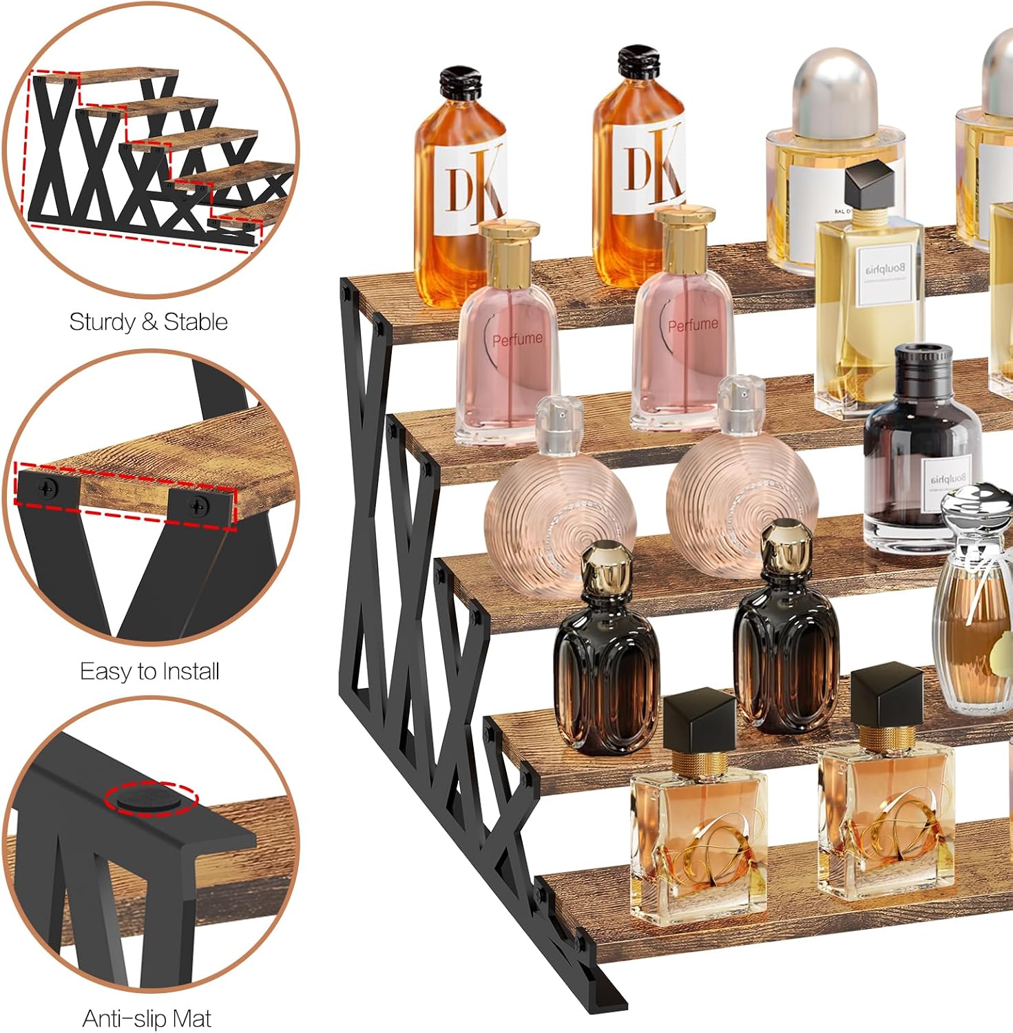 KALYLOC 5 Tier Wooden Display Riser Stand 13.8 Inch Metal Step Perfume Stand Organizer Tabletop Tiered Display Shelf Rack for Cologne Cupcake Spice Figures Cosmetics Candles (Brown, X-Shape) - Image 6