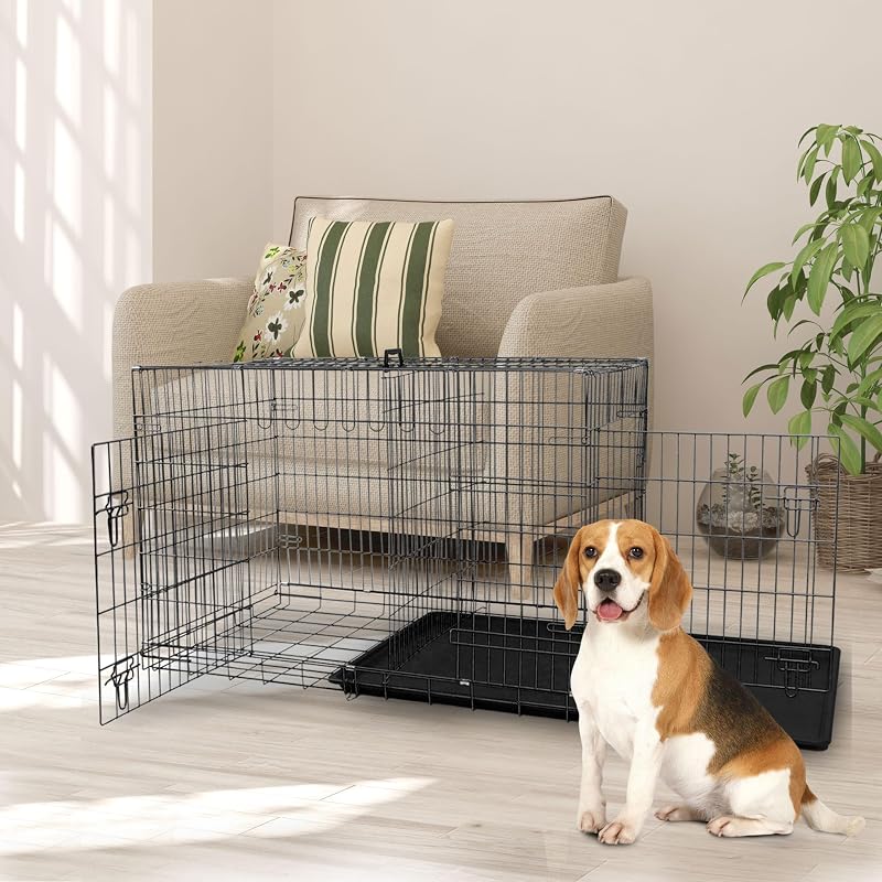 Caixa de Transporte para Cães Haiput Wam em Metal com Duas Portas, Divisória e Bandeja Removível, 91,44 x 55,88 x 63,5 cm