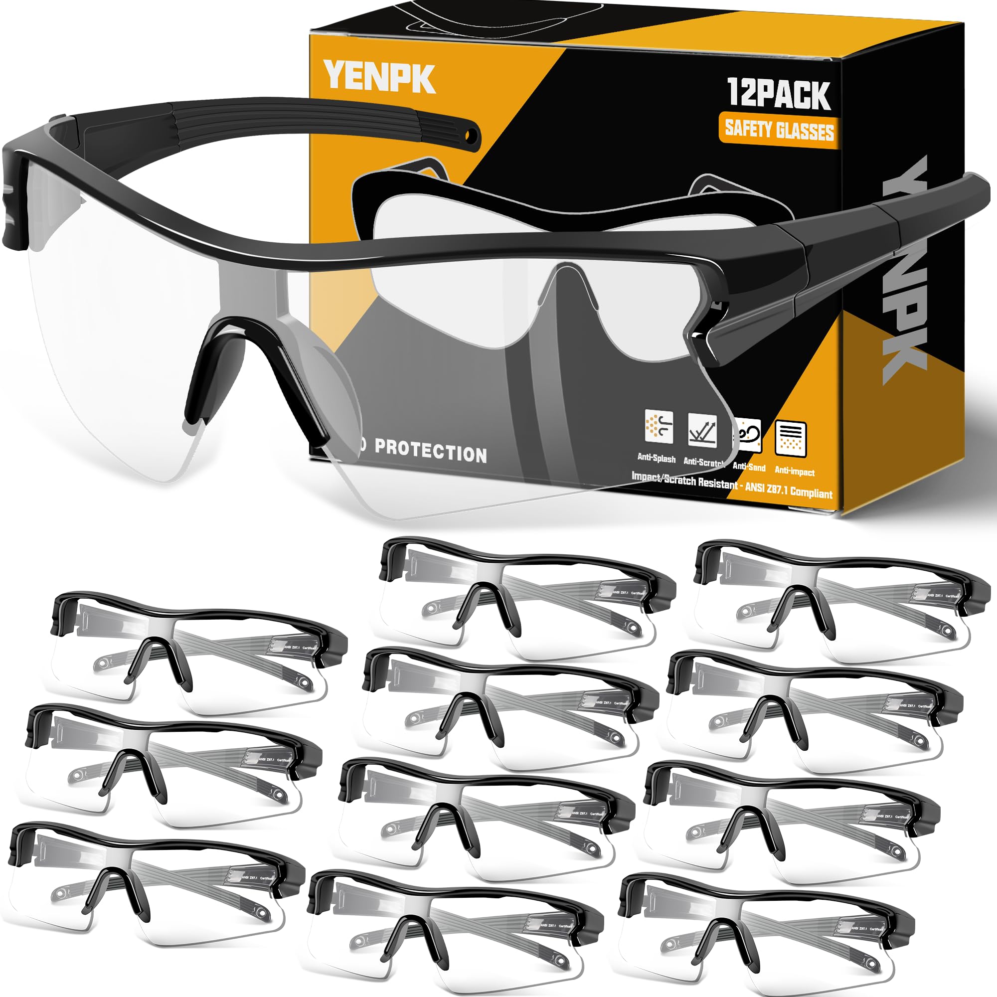 Lunettes de sécurité pour homme, anti-rayures, conforme à la norme ANSI Z87+, protection UV, protection en caoutchouc antidérapant