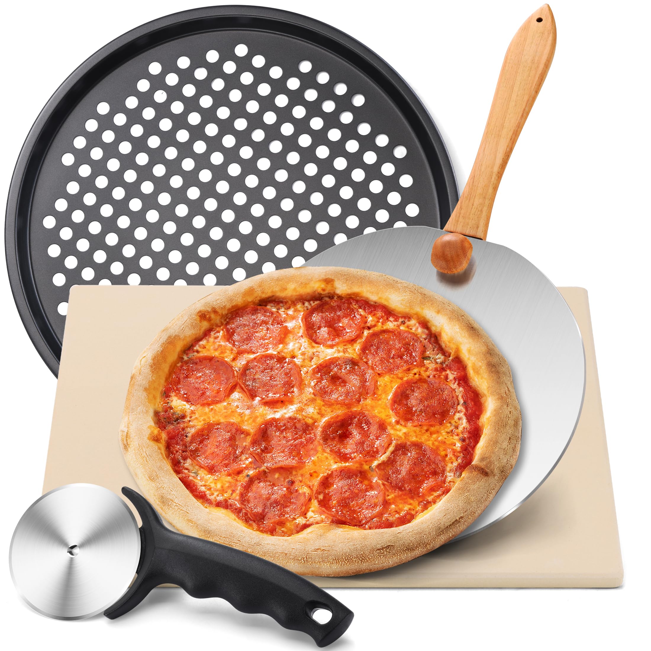 Piedra de pizza para horno Pleafind 38cmx30cm - Corteza de pizza - Bandeja de pizza de 33cm, Piedra de pizza de cordierita para grill de gas Set para pizza italiana (5en1)