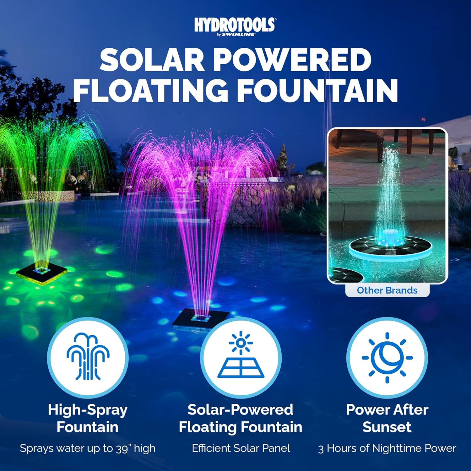 SWIMLINE HYDROTOOLS Floating Pool Fountain – Soothing Water Feature for Pools & Ponds, Easy to Install, UV-Resistant, Solar Powered, Cordless, Waterproof, Multi-Mode LED Light Show, 39-Inch Spray