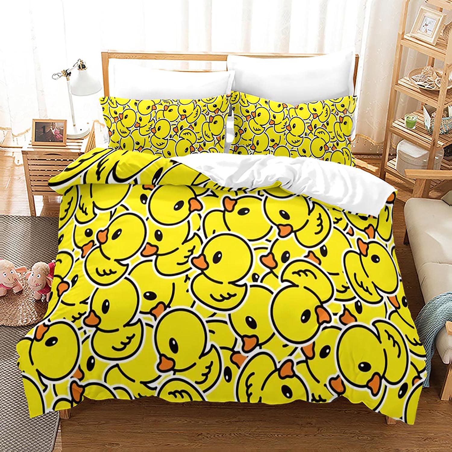 Wzzfcai Cartoon Duck Super King Duvet Cover 260x220cm + 2 Pillowcase, Lovely Duck Animal Yellow Bedding Set for Kids Adults Set Soft with Zipper Boys Girls 3 Piece duck gifts