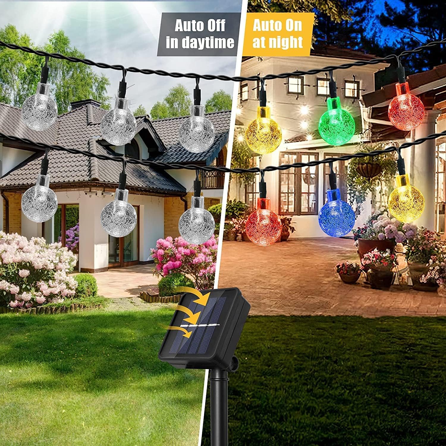 Stringa di luci solari impermeabili per esterni, 1 confezione da 50 LED da 2,3 cm ciascuna, luci da patio ad energia solare con 8 modalità di illuminazione per giardino, cortile, portico, festa di
