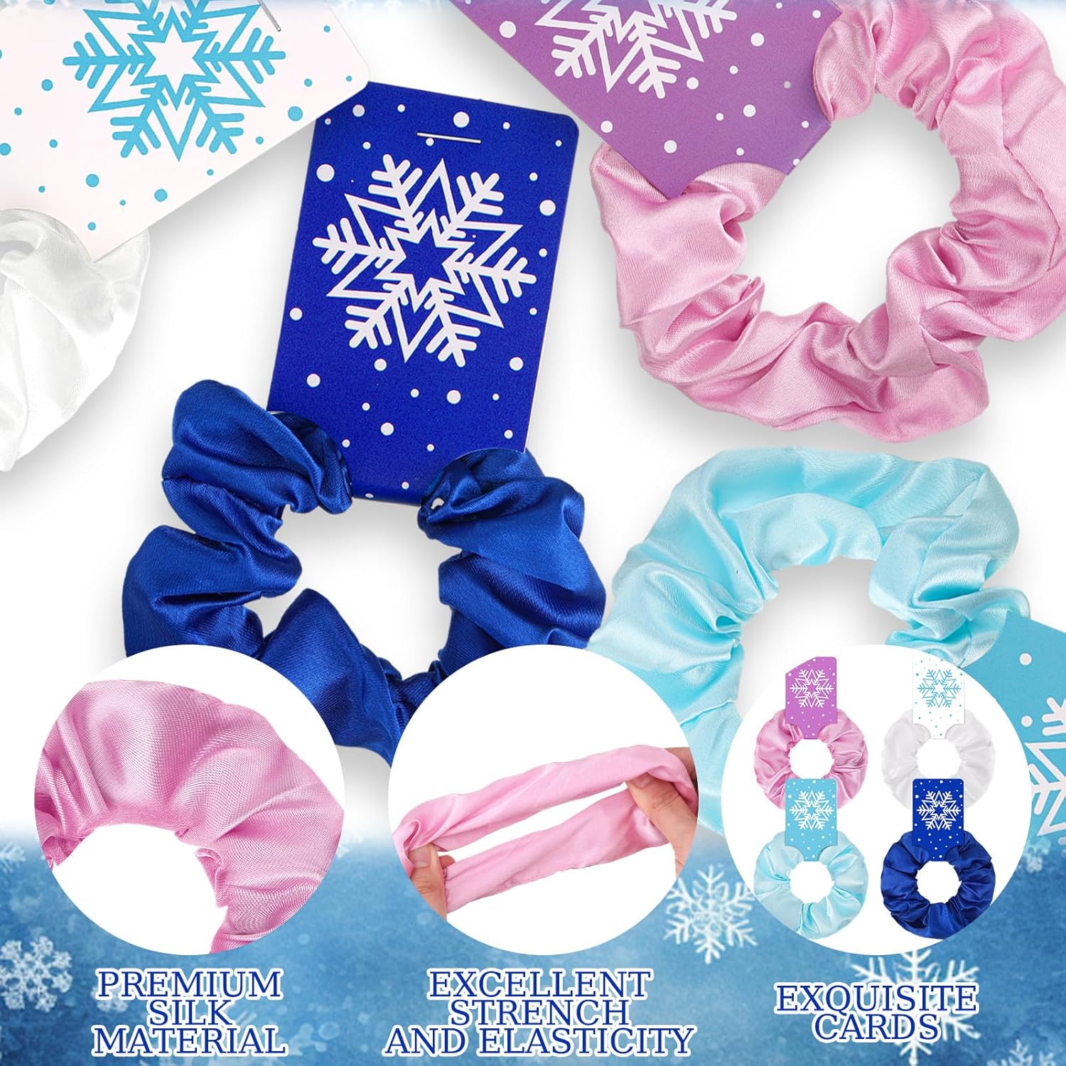 Suncalla スノーフレーク シルク ヘアシュシュ カード付き 24個 冬 スノーフレーク パーティー 記念品 ソフト ヘアタイ