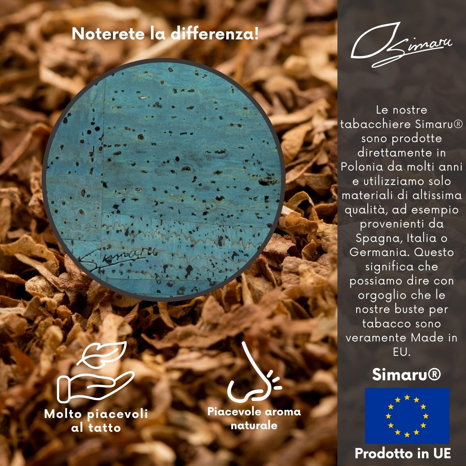SIMARU porta tabacco in sughero, portatabacco con scomparto cartine, filtri e accendino, astuccio, borsello, sacchetto, borsa porta tabacco impermeabile, durevole e vegane, chiusura intercambiabile