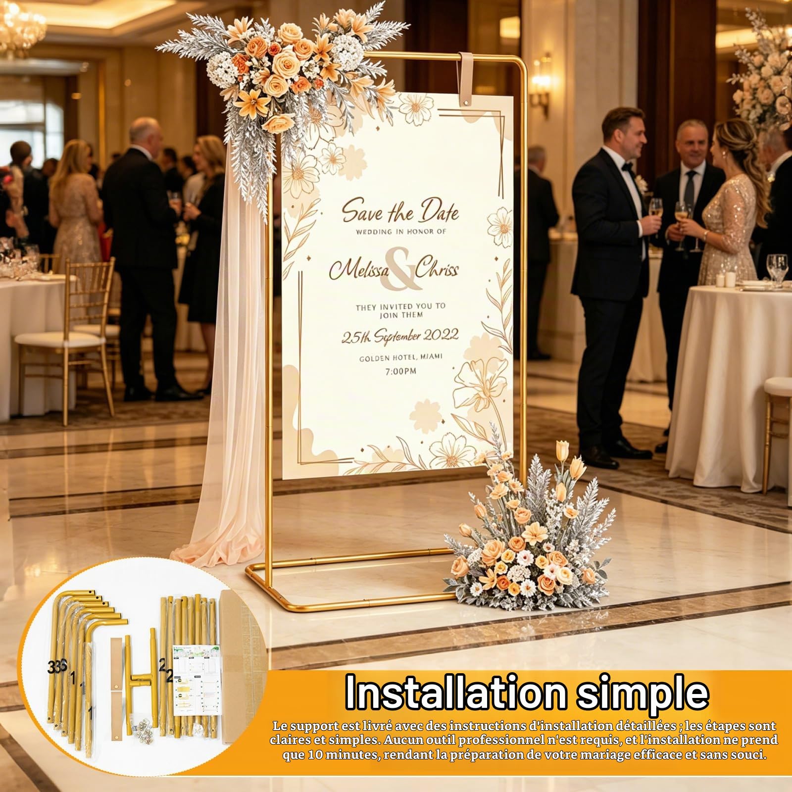 Présentoir Pour Panneau De Bienvenue De Mariage, 175x80x50cm Porte-Affiche De Mariage Ajustable En Métal Doré Avec 2 Sangles En Cuir Et Guirlande Lumineuse De 5M Pour Réception De Mariage