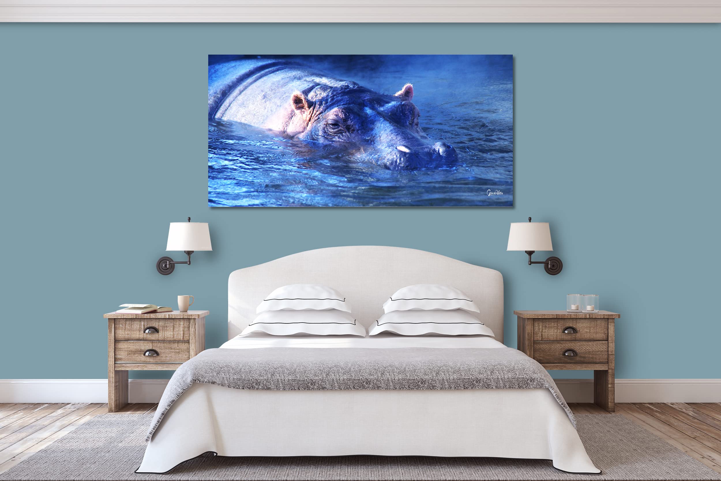 Glücksvilla - Nilpferd 2 (Leinwand-Bild 2 cm, 200 x 100 cm) | div. Maße - aus DE - Kunstdruck Deko Wandbild quer - Wildnis Afrika Natur Tier Hippo