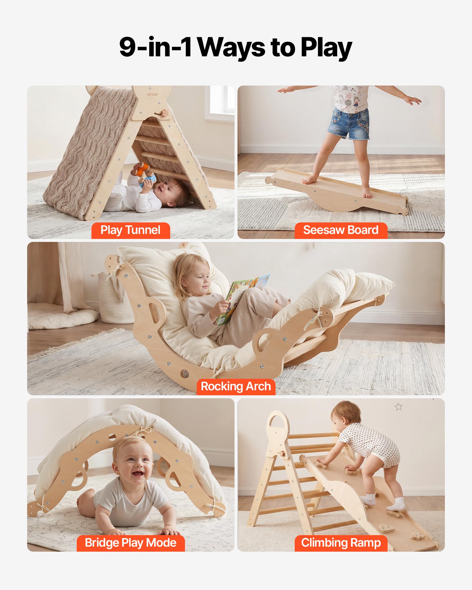 VEVOR Kletterdreieck, 9-in-1 Kletterspielzeug, mit Holzautos, Kissen, Kletterdreieck, Rutsche & Kletterbogen, bis 68 kg Belastbar, Montessori Indoor Spielset für Kinder im Alter von 1 bis 3 Jahren