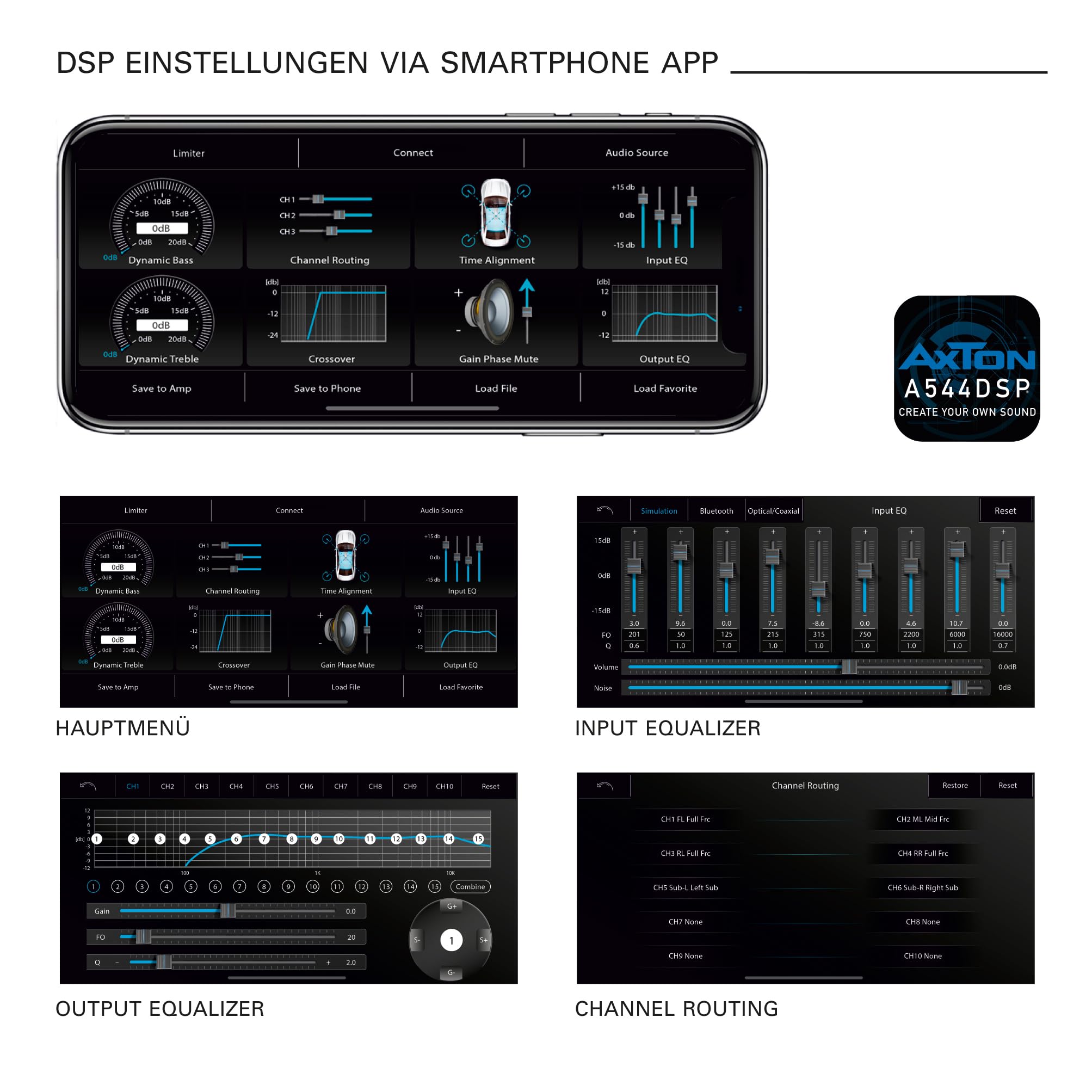 AXTON A544DSP: 4-Kanal Verstärker mit 10 DSP-Kanälen, optischer Eingang, Endstufe verlinkbar, ausgestattet mit Handy App-Steuerung, Bluetooth Audiostreaming, Hi-Res Audio optional